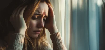 Junge Frau sitzt nachdenklich am Fenster und hält den Kopf in den Händen, während sie unter Angst vor der Angst leidet