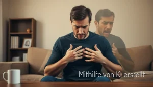 Ein junger Mann sitzt auf dem Sofa und hat Brustschmerzen. Handelt es sich nur um eine Panikattacke oder ist es ein Herzinfarkt?