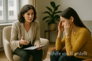 Eine junge Frau hat eine Therapiesitzung wegen stiller Panikattacken. Die Therapeutin spricht ruhig mit ihr in einem hellen, elegant eingerichteten Therapieraum.