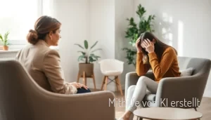 Eine junge Frau besucht eine Therapie wegen Panikattacken. Die Therapeutin spricht ruhig mit ihr in einem elegant eingerichteten Raum, der in Erdtönen gehalten ist.